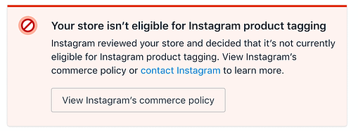 Screenshot of error message in shopify - instagram product tagging
