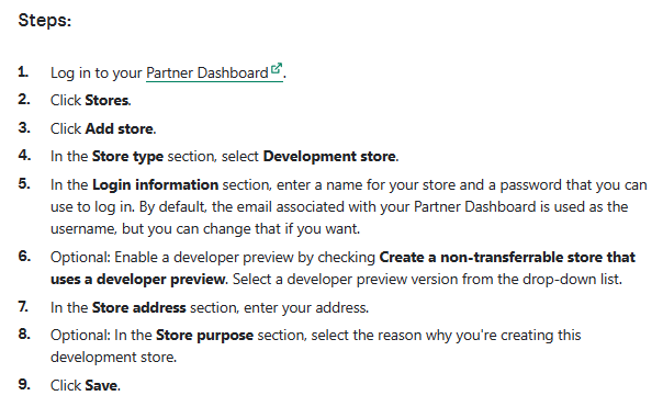 Screenshot of instructions from Shopify site on how to create a development store.